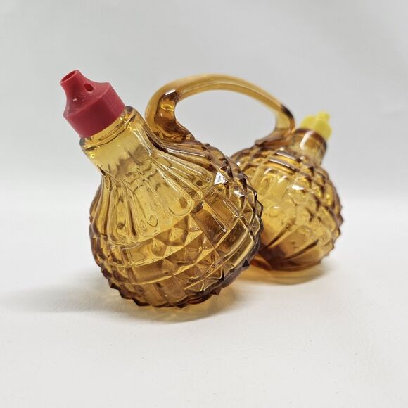 Vtg Amber Glass Oil Vinegar Cruet Set Diamond Pattern Red Yellow Spout Handle - Picture 3 of 13